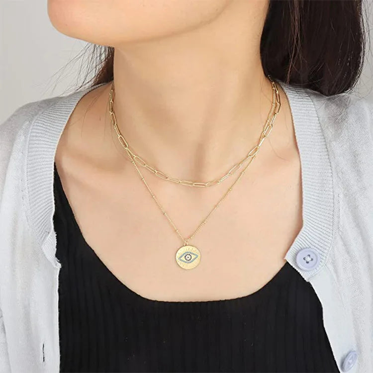 Vintage Double Choker Eyes Pattern Silver Chain Necklace Collar