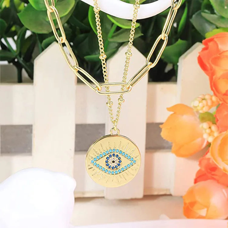 Vintage Double Choker Eyes Pattern Silver Chain Necklace Collar