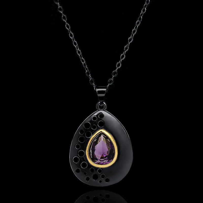 Vintage Purple Zircon Pendant Two Tone Necklace for Women