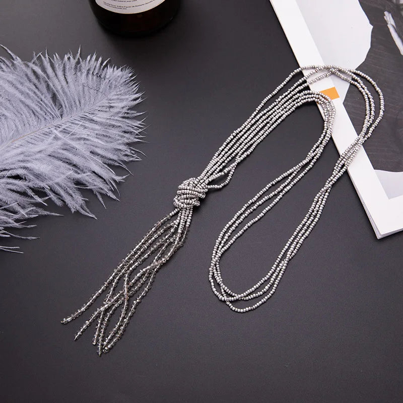 Vintage Boho Crystal Beads Long Necklace Women Kpop Tassel Sweater Chain