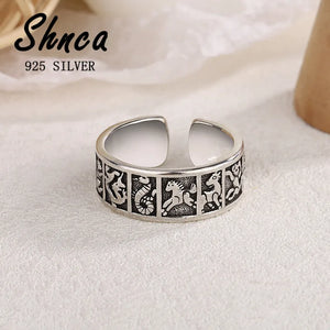 Vintage 925 Silver Zodiac Animal Open Ring For Women Bague