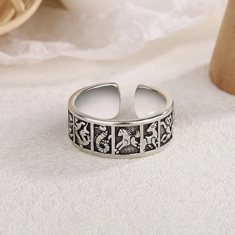 Vintage 925 Silver Zodiac Animal Open Ring For Women Bague