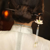 Vintage Lotus Hair Stick Wooden Chopsticks Pearl Beaded Tassel Hairpins
