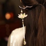 Vintage Lotus Hair Stick Wooden Chopsticks Pearl Beaded Tassel Hairpins