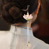 Vintage Lotus Hair Stick Wooden Chopsticks Pearl Beaded Tassel Hairpins