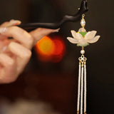Vintage Lotus Hair Stick Wooden Chopsticks Pearl Beaded Tassel Hairpins