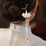 Vintage Lotus Hair Stick Wooden Chopsticks Pearl Beaded Tassel Hairpins