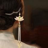 Vintage Lotus Hair Stick Wooden Chopsticks Pearl Beaded Tassel Hairpins