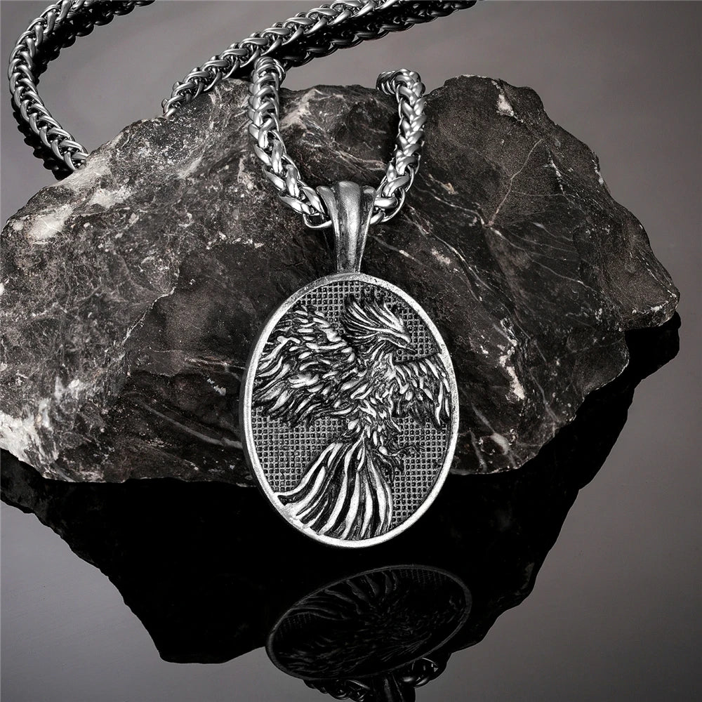 Vintage Nordic Phoenix Necklace Mens Vikings Fire Bird Pendant