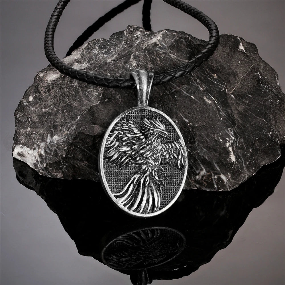 Vintage Nordic Phoenix Necklace Mens Vikings Fire Bird Pendant