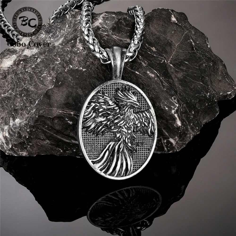 Vintage Nordic Phoenix Necklace Mens Vikings Fire Bird Pendant