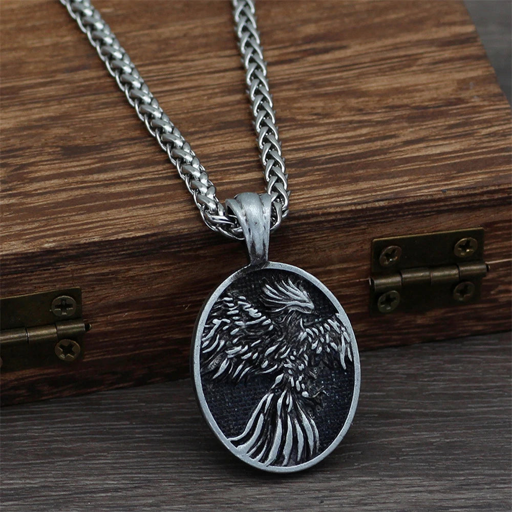 Vintage Nordic Phoenix Necklace Mens Vikings Fire Bird Pendant