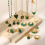 Green Malachite Stainless Steel Jewelry Set - Octagram Design - Waterproof