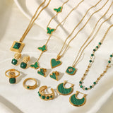 Green Malachite Stainless Steel Jewelry Set - Octagram Design - Waterproof