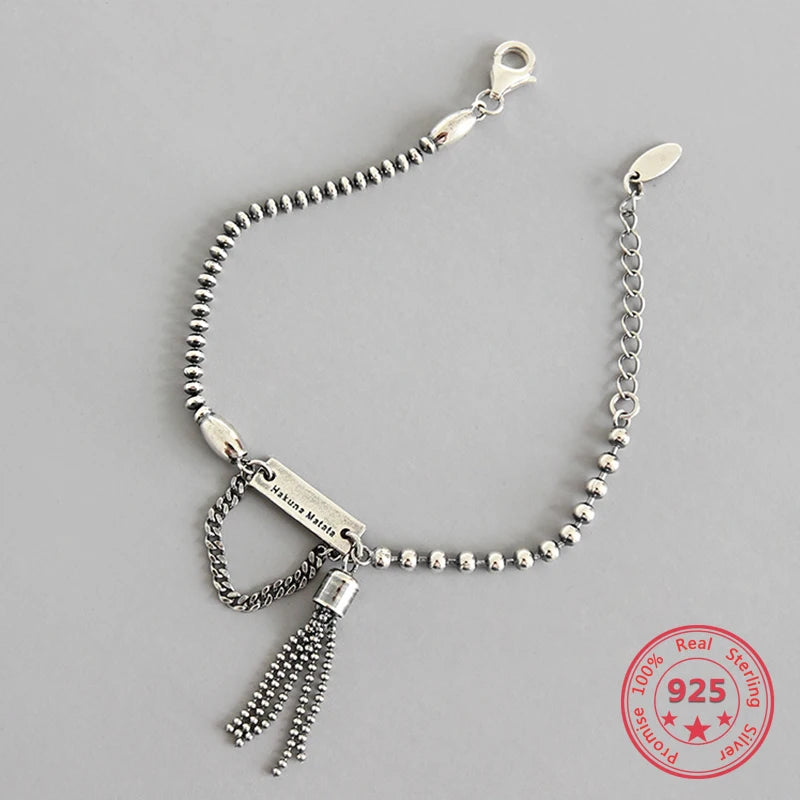 Vintage 925 Silver Chain Tassel Charm Bracelets Retro Style Jewelry
