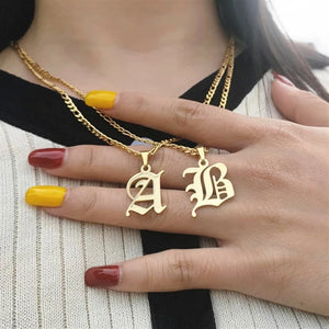 Vintage Old English Font Stainless Steel Initial Necklace Capital Letter Pendant