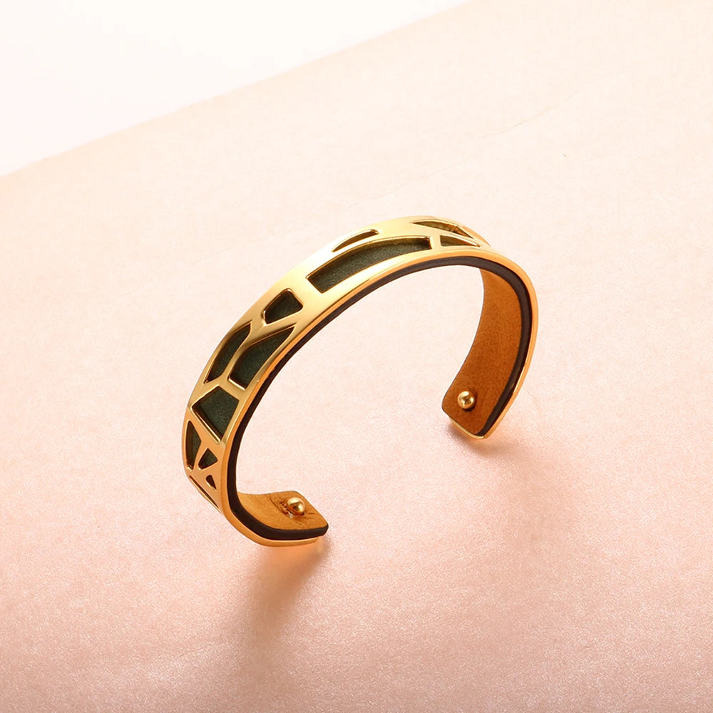 Vintage Open Cuff Bangles Geometric Hollow Bracelet Mix Leather Stainless Steel