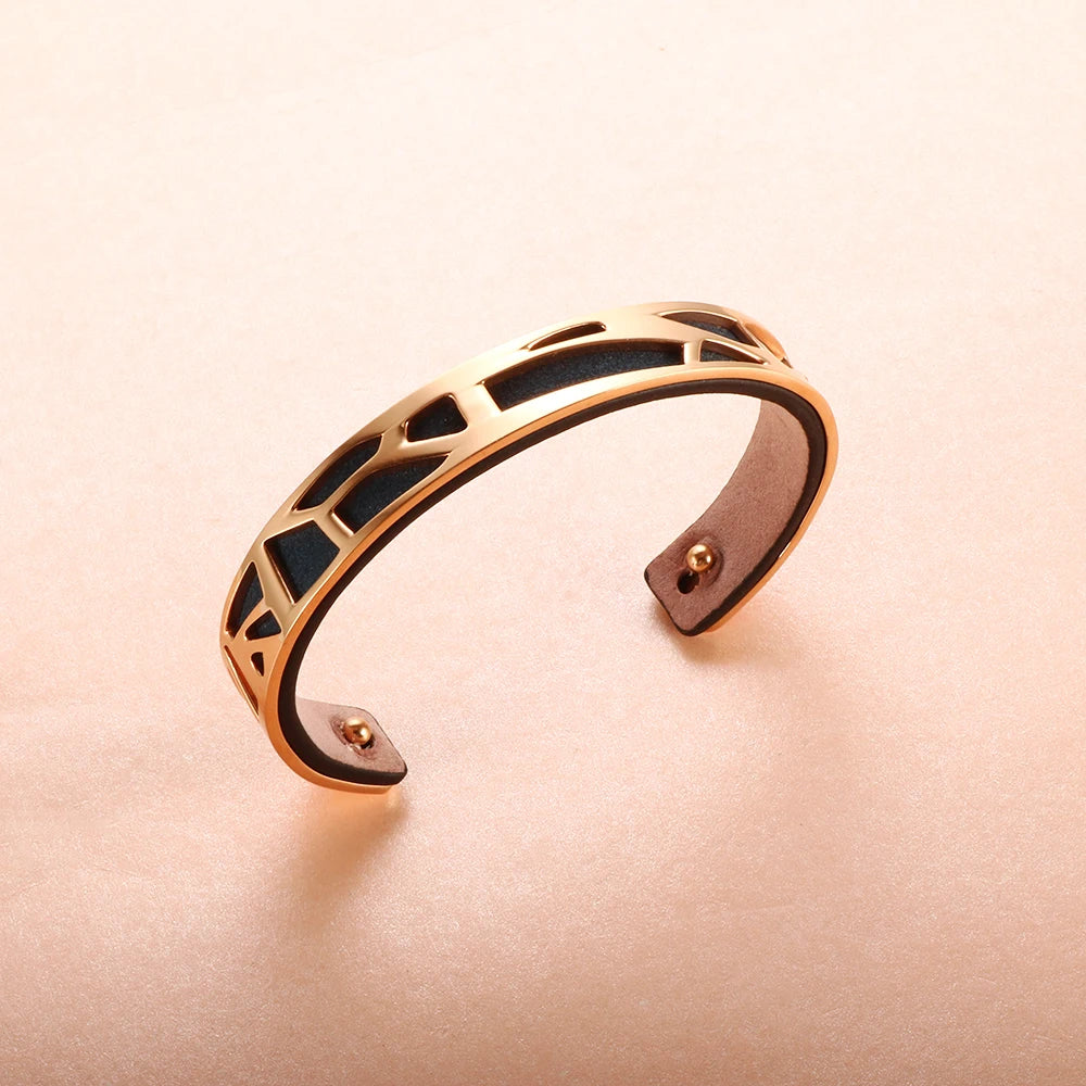 Vintage Open Cuff Bangles Geometric Hollow Bracelet Mix Leather Stainless Steel