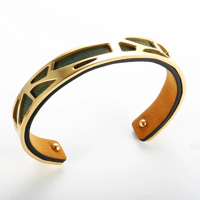 Vintage Open Cuff Bangles Geometric Hollow Bracelet Mix Leather Stainless Steel