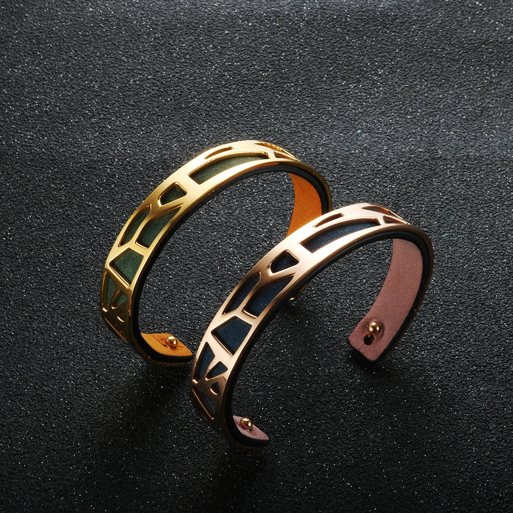 Vintage Open Cuff Bangles Geometric Hollow Bracelet Mix Leather Stainless Steel