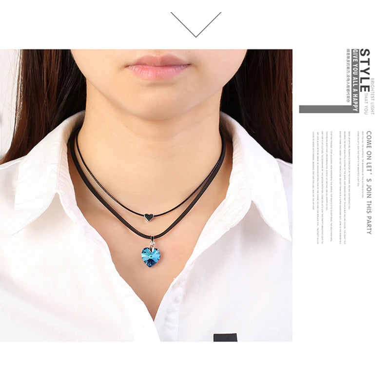Vintage Heart Crystal Choker Necklace Double Rope Chain Wedding Jewelry