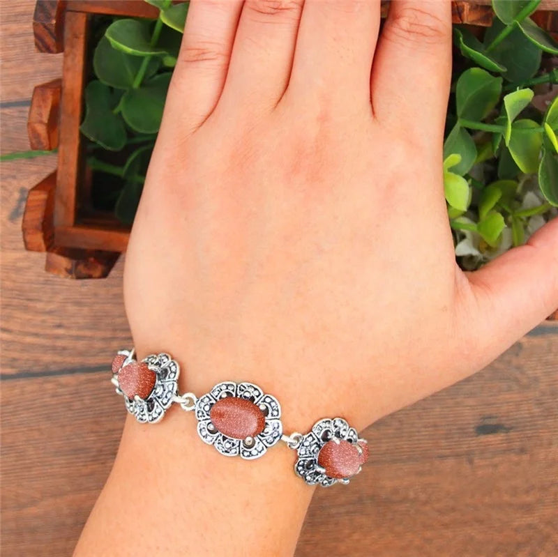 Vintage Oval Gold Sequins Stone Bracelet Antique Silver Plated Jewelry