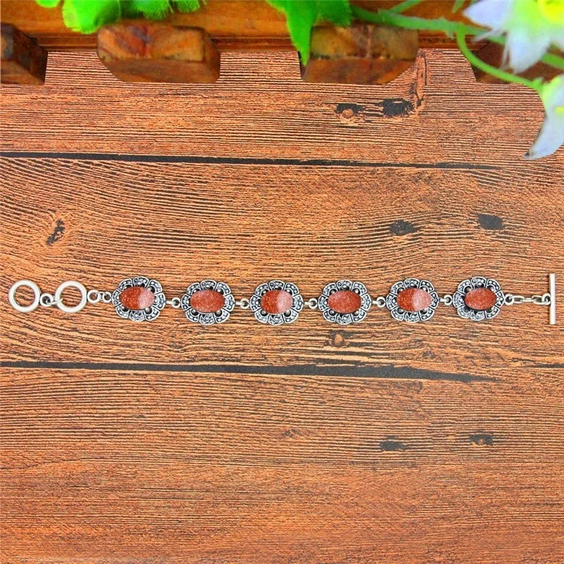Vintage Oval Gold Sequins Stone Bracelet Antique Silver Plated Jewelry
