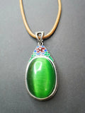 Vintage Oval Green Cat Eye Stone Pendant Rope Necklace Jewelry