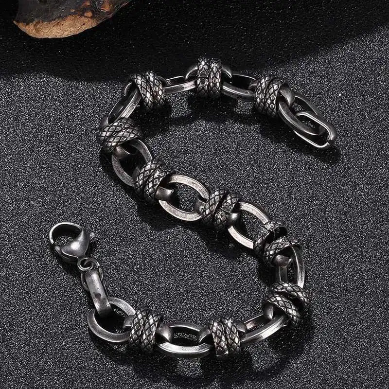 Vintage Oxidized Link Chain Bracelet for Men Stainless Steel Biker Jewelry