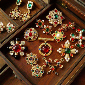 Vintage Palace Antique Re-engraved Brooch Colorful Gems Pearl Pins