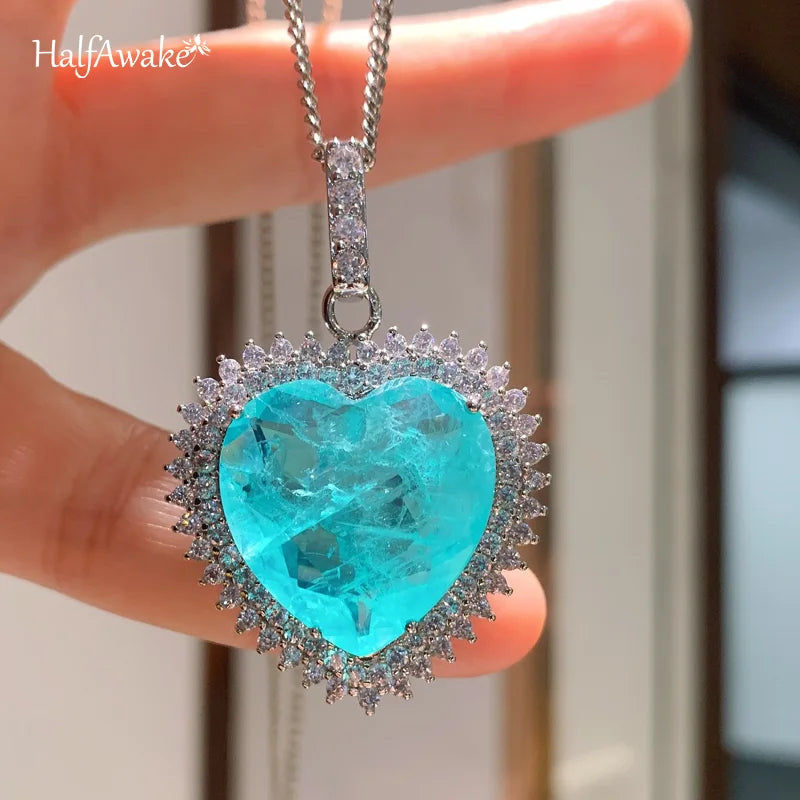 Vintage Paraiba Tourmaline Emerald Necklace Choker Chain Heart Pendant