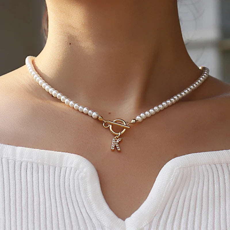 Vintage Pave Cubic 26 Initial Letter Necklace Classic 4mm Pearl Necklace