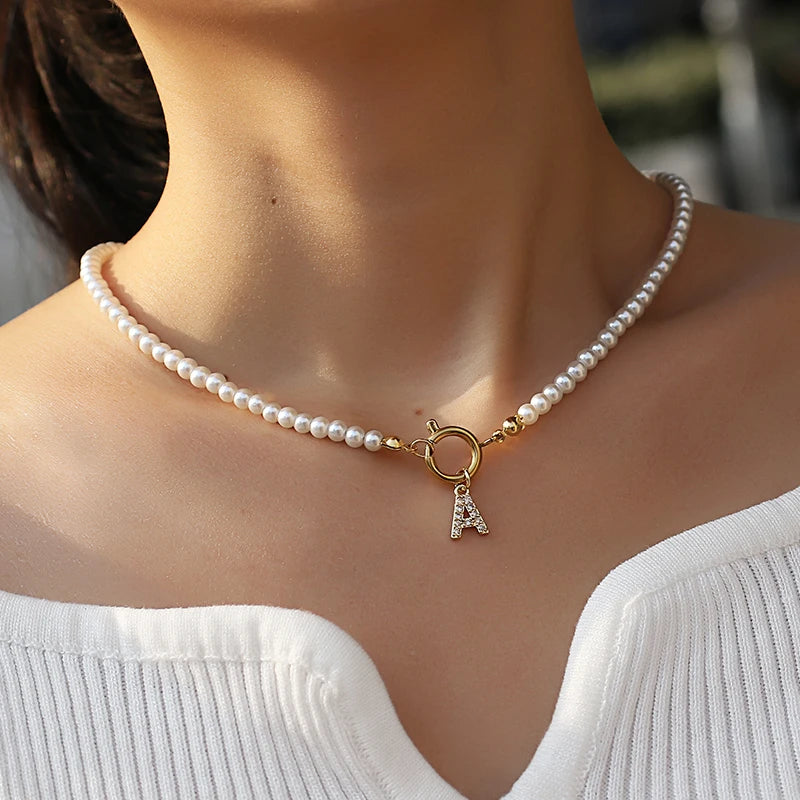Vintage Pave Cubic 26 Initial Letter Necklace Classic 4mm Pearl Necklace