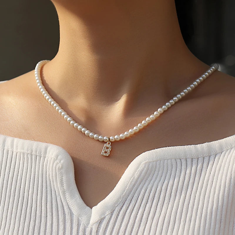 Vintage Pave Cubic 26 Initial Letter Necklace Classic 4mm Pearl Necklace