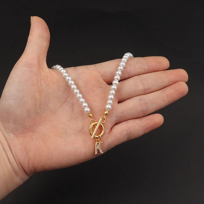Vintage Pave Cubic 26 Initial Letter Necklace Classic 4mm Pearl Necklace