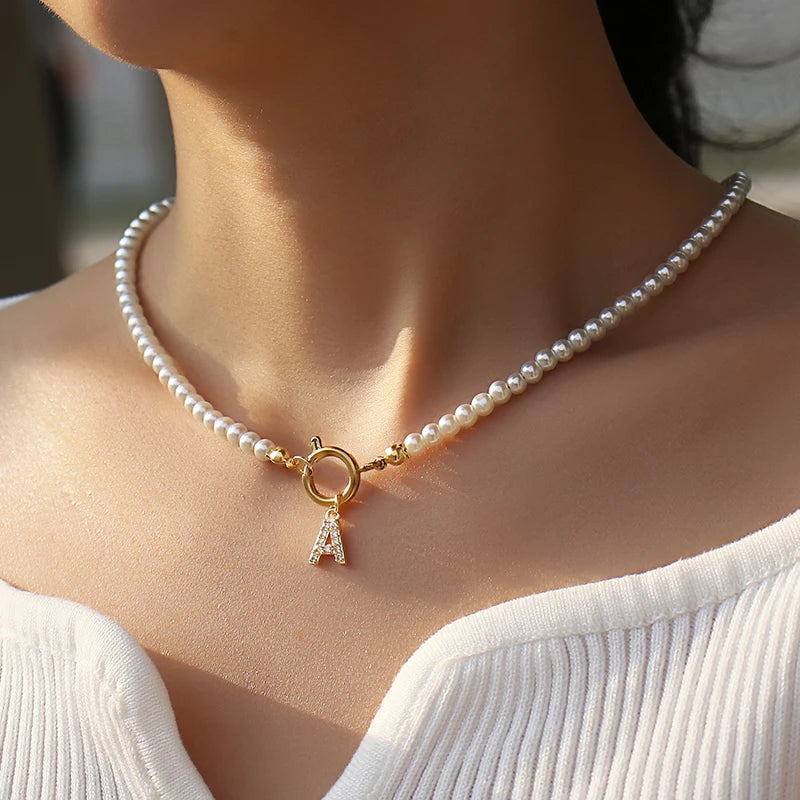 Vintage Pave Cubic 26 Initial Letter Necklace Classic 4mm Pearl Necklace