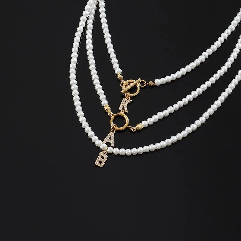 Vintage Pave Cubic 26 Initial Letter Necklace Classic 4mm Pearl Necklace