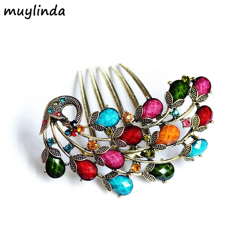Vintage Peacock Hair Comb Antique Bronze Hair Clip Hairpins Headdress