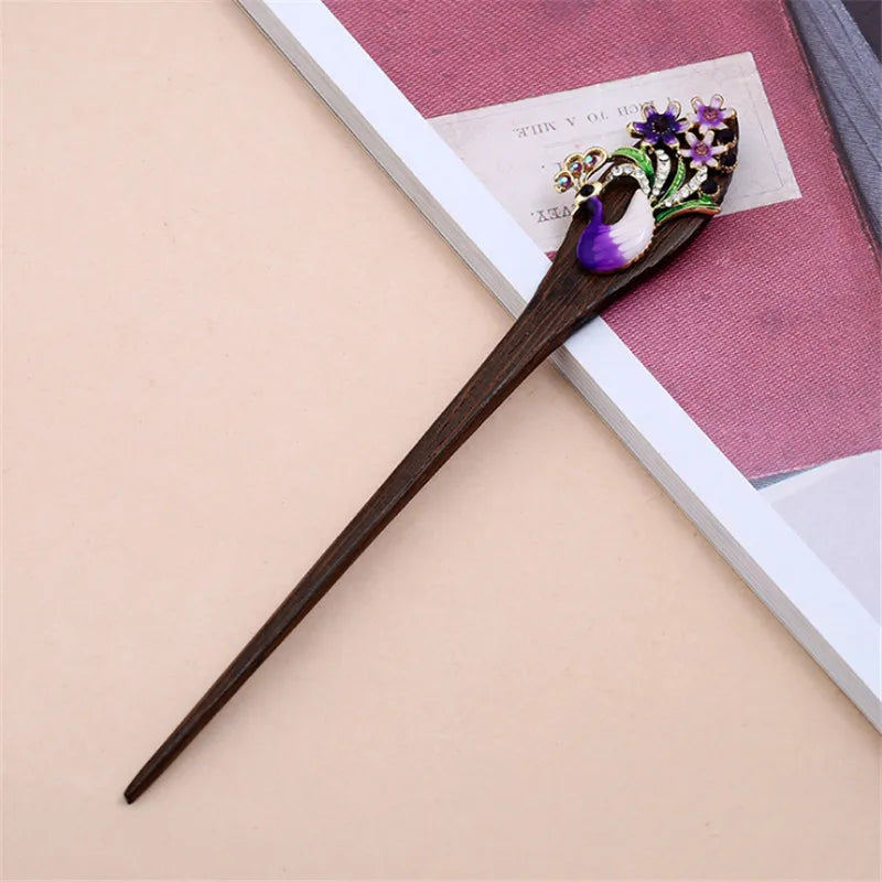 Vintage Peacock Hair Jewelry Ebony Wood Sticks Hairpins Bridal Hair Ornaments