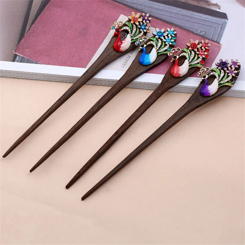 Vintage Peacock Hair Jewelry Ebony Wood Sticks Hairpins Bridal Hair Ornaments