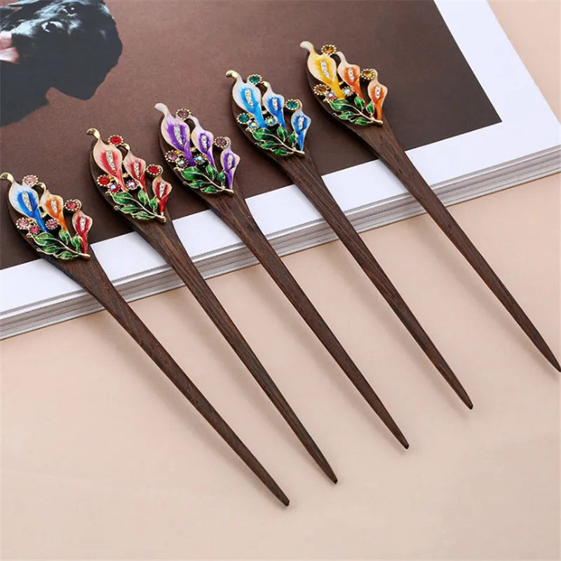 Vintage Peacock Hair Jewelry Ebony Wood Sticks Hairpins Bridal Hair Ornaments