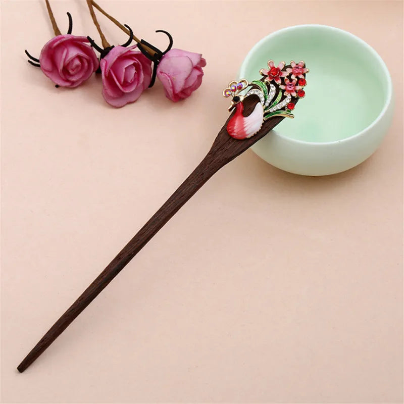 Vintage Peacock Hair Jewelry Ebony Wood Sticks Hairpins Bridal Hair Ornaments