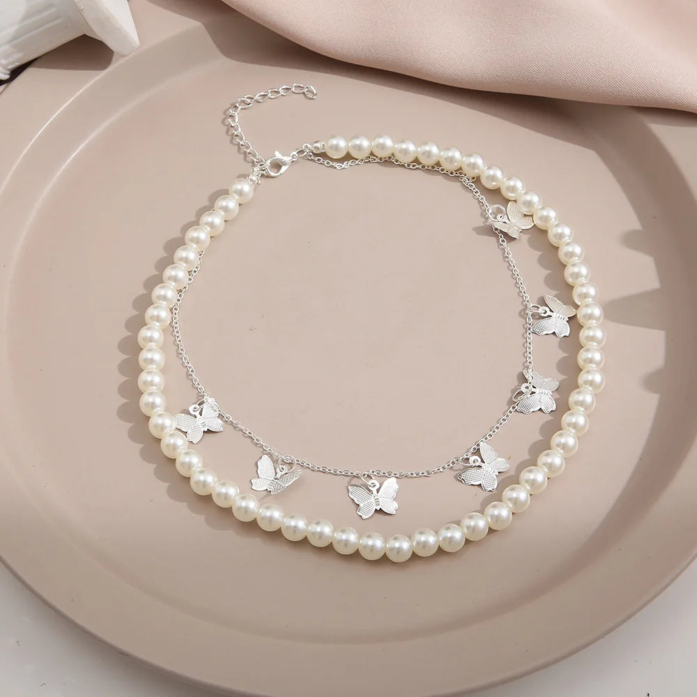 Vintage Pearl Double Layer Clavicle Chain Necklace with Butterfly Pendant