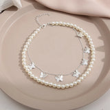 Vintage Pearl Double Layer Clavicle Chain Necklace with Butterfly Pendant