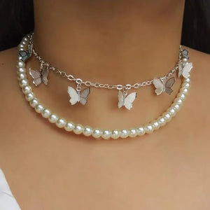 Vintage Pearl Double Layer Clavicle Chain Necklace with Butterfly Pendant