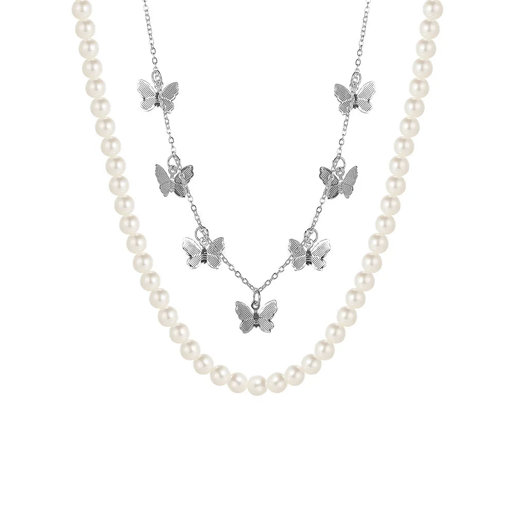 Vintage Pearl Double Layer Clavicle Chain Necklace with Butterfly Pendant