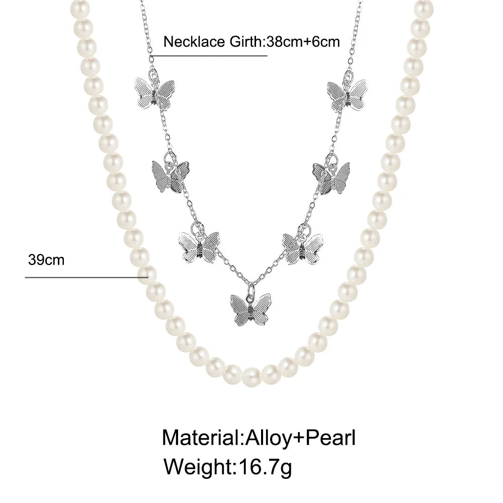 Vintage Pearl Double Layer Clavicle Chain Necklace with Butterfly Pendant