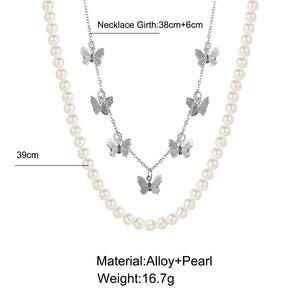 Vintage Pearl Double Layer Clavicle Chain Necklace with Butterfly Pendant