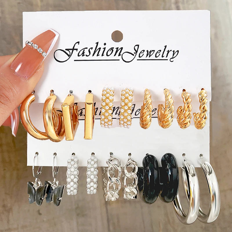 Vintage Pearl Earrings For Women Girls Punk Hoop Earring Set