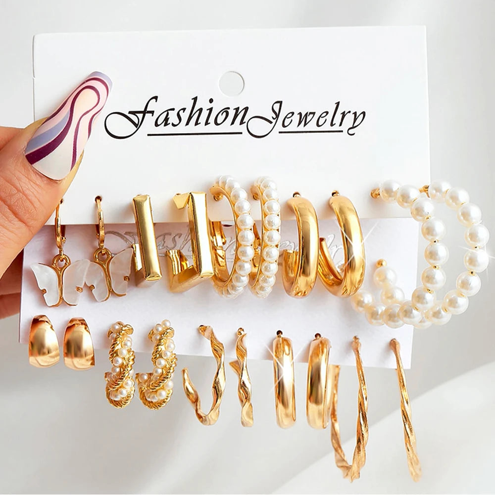 Vintage Pearl Earrings For Women Girls Punk Hoop Earring Set